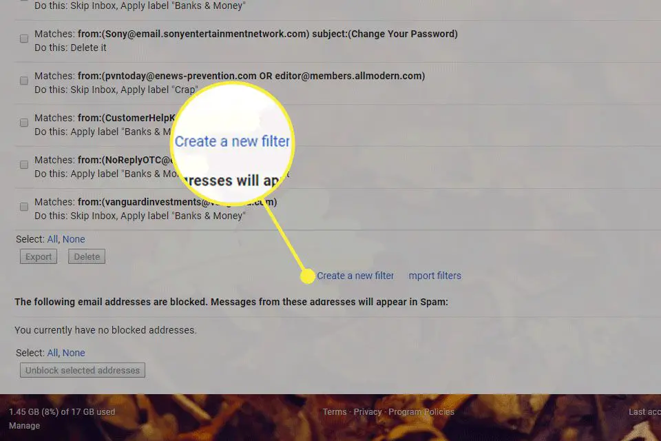 Een screenshot van Gmail-instellingen met de optie Een nieuw filter maken gemarkeerd