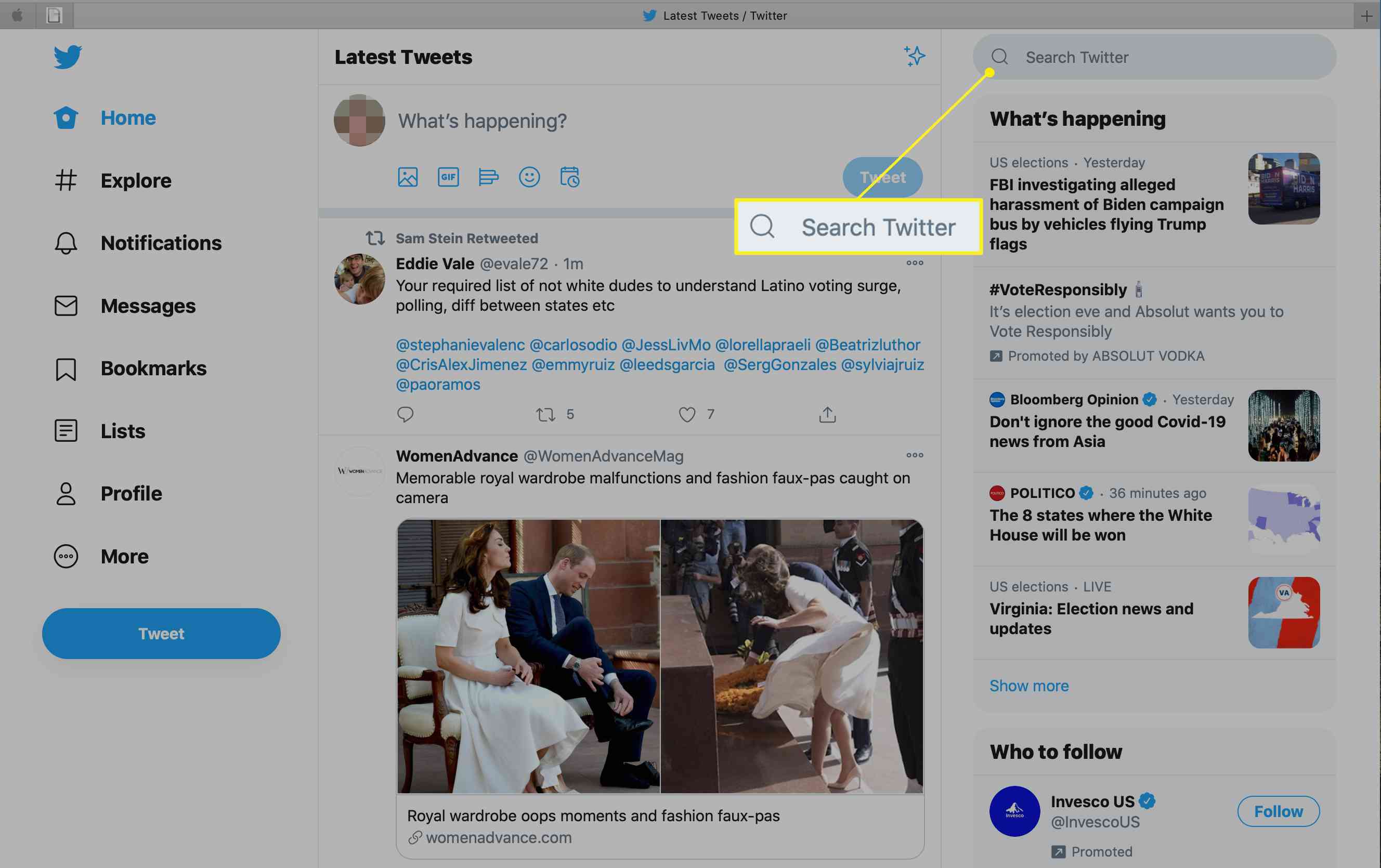 Twitter in een browser met het veld Twitter zoeken