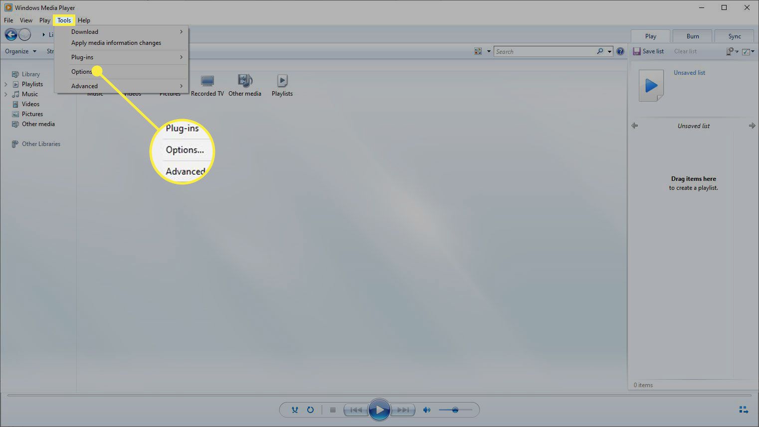 Opties onder het menu Extra in Windows Media Player