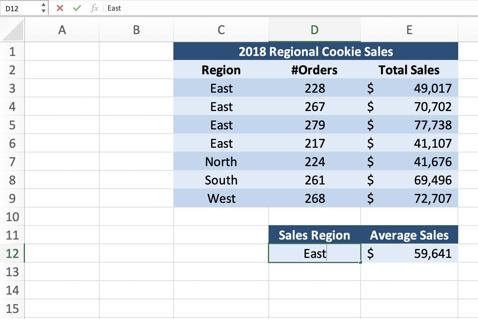 Screenshot van Excel met het invoeren van criteria in cel E12