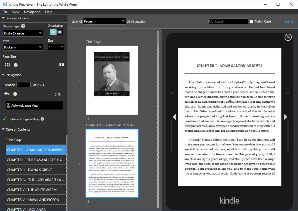 De Kindle Previewer met een preview van een MOBI ebook