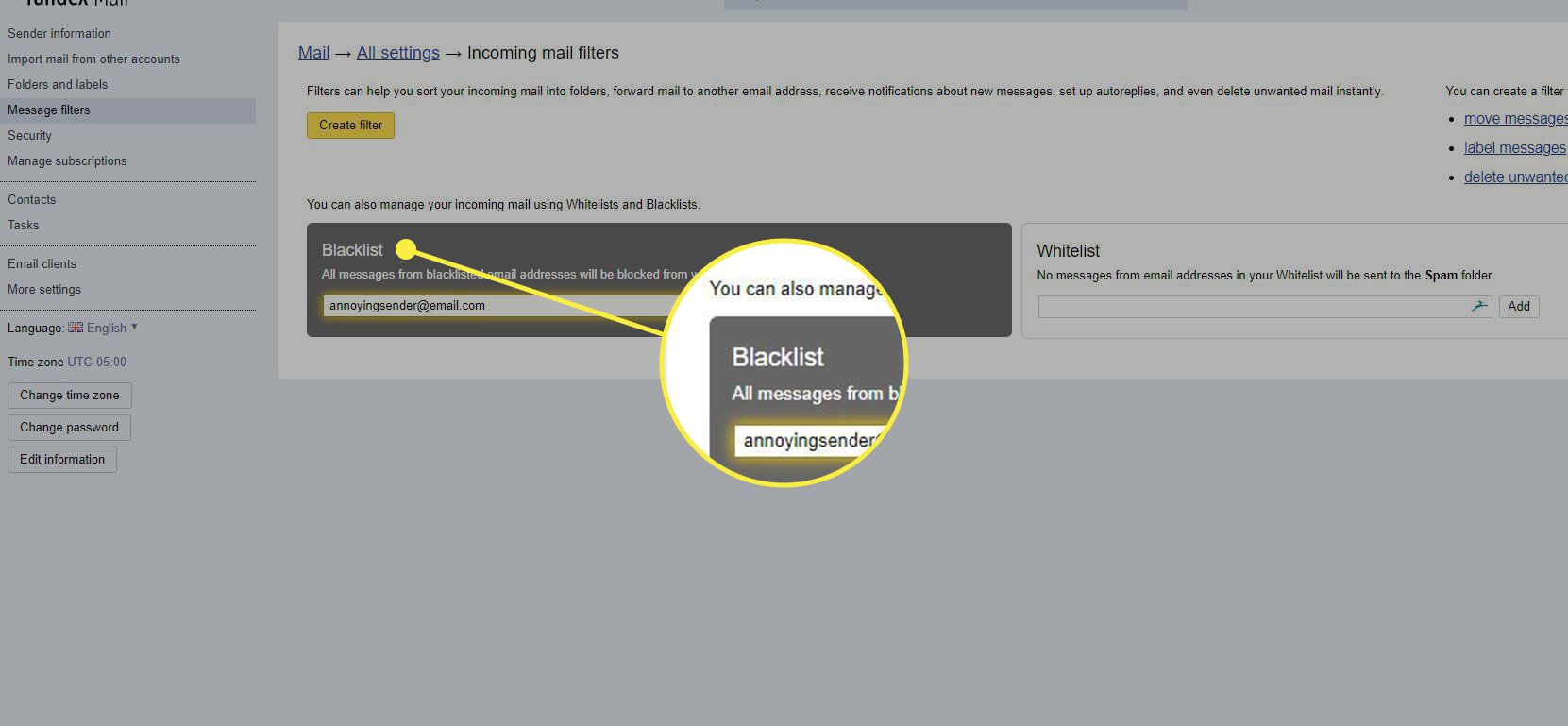 Het veld Blacklist in Yandex Mail