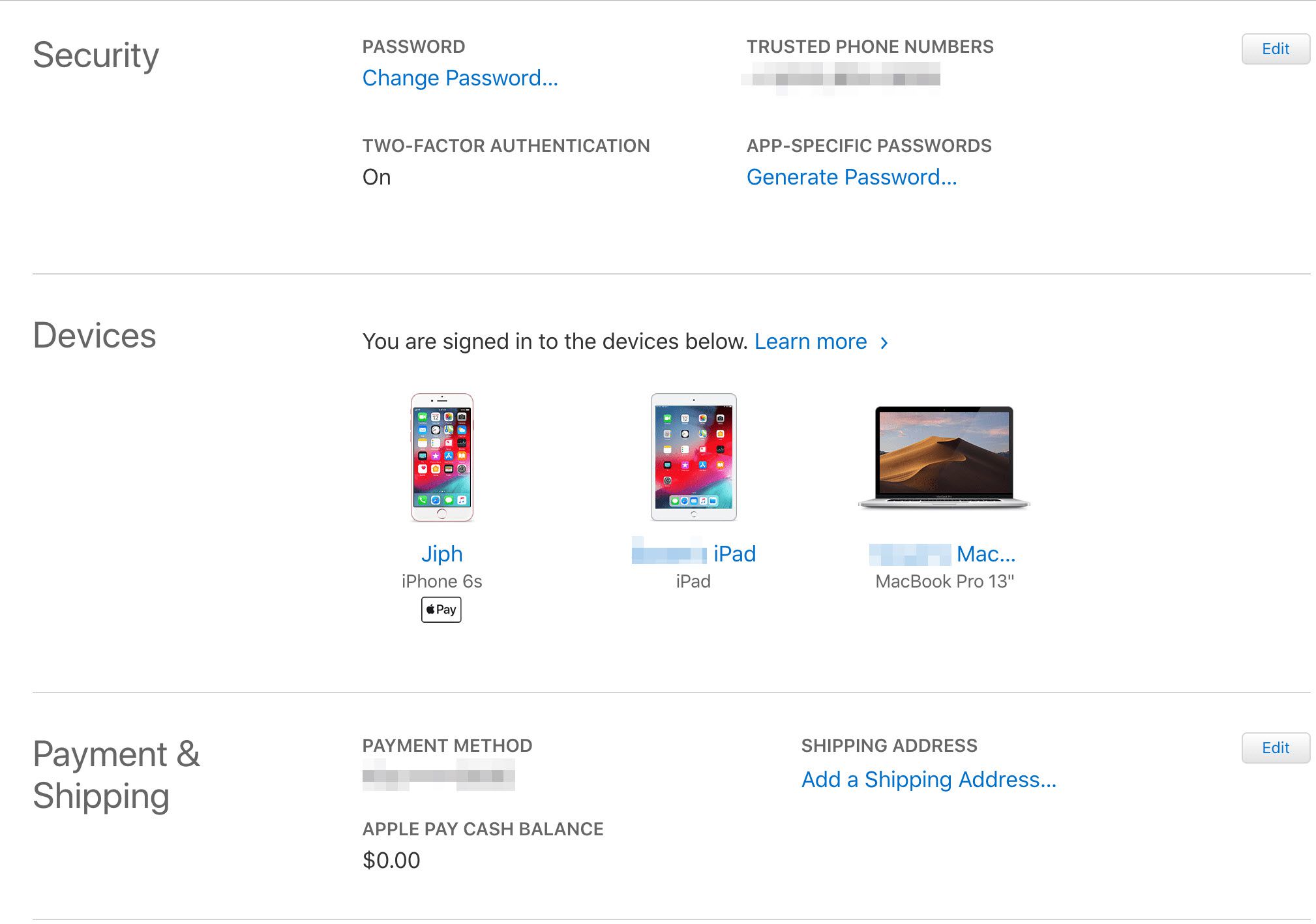 Schermafbeelding van de pagina Apparaten onder de Apple-accountpagina