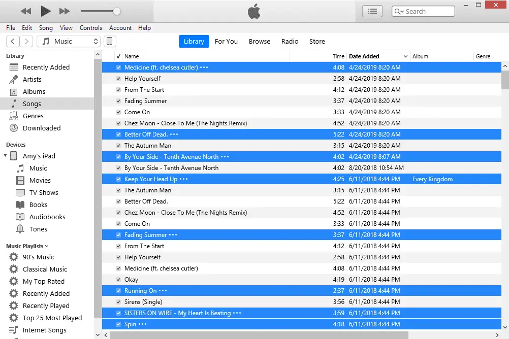 Geselecteerde nummers in iTunes voor Windows