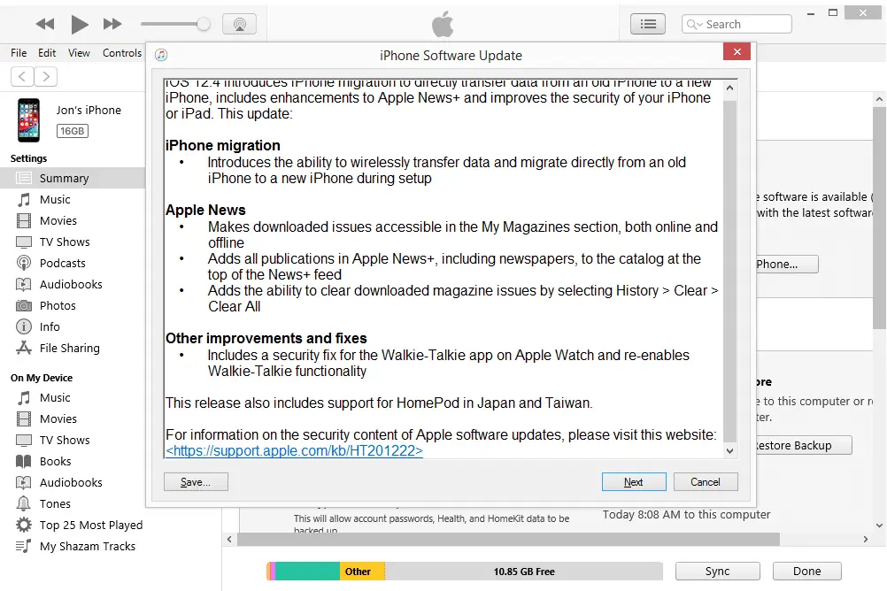 Vraag iPhone-software-update in iTunes voor Windows tijdens een iOS 12-upgrade