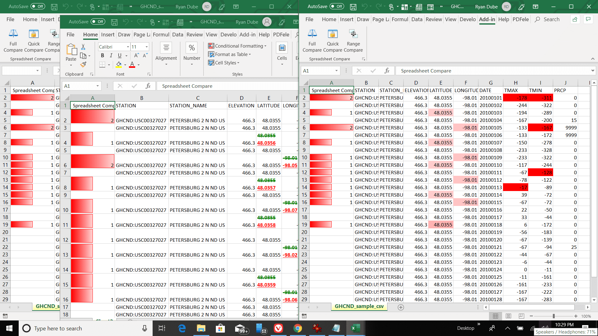 Screenshot van een Excel-werkbladvergelijkingsrapport