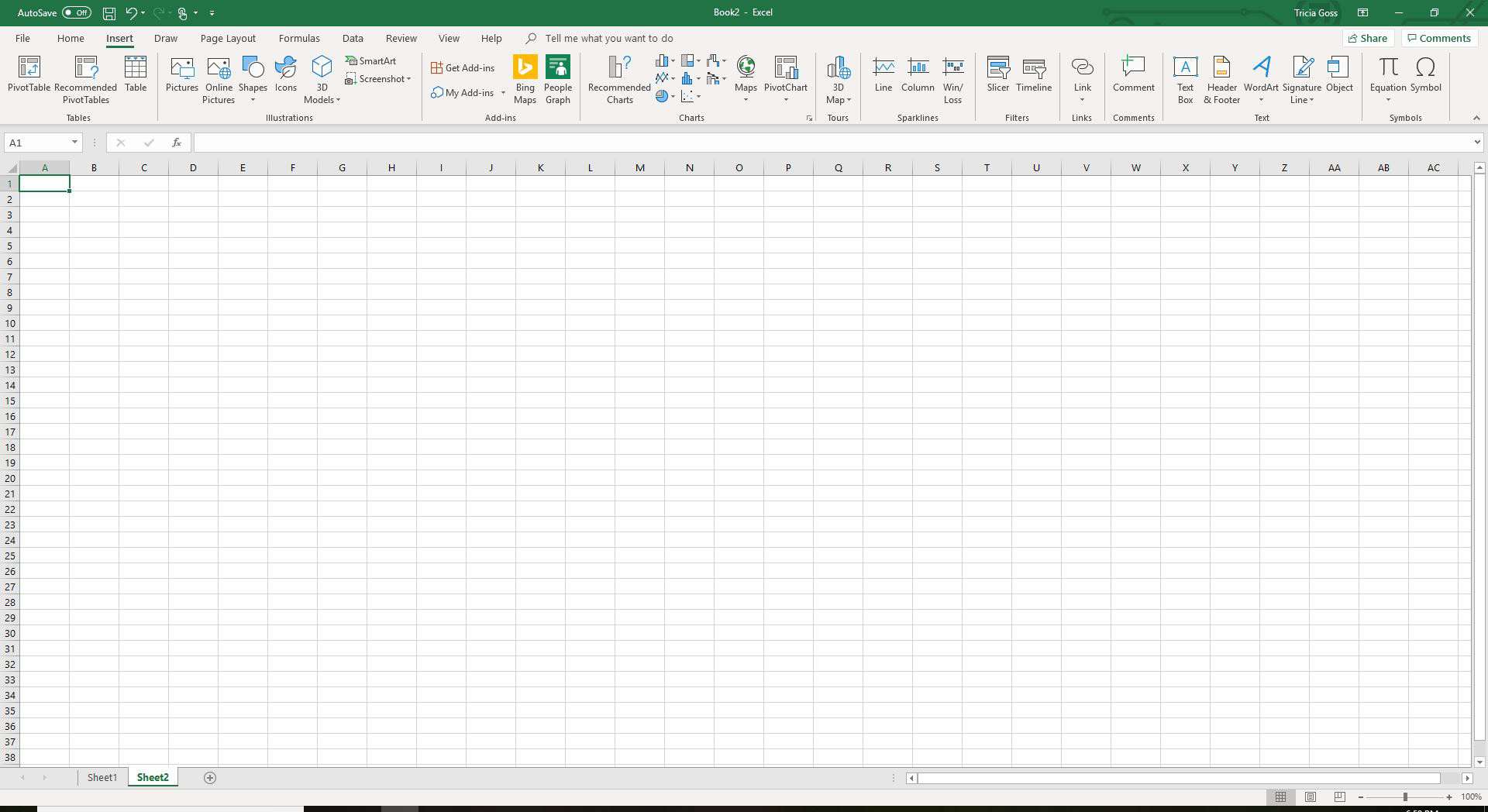 Screenshot van Excel met tabblad Invoegen geselecteerd