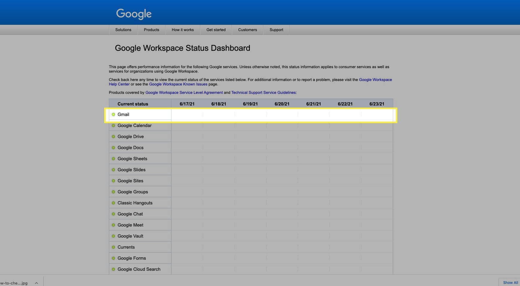 Google Workspace-statusbord met Gmail met groene stip en geen problemen