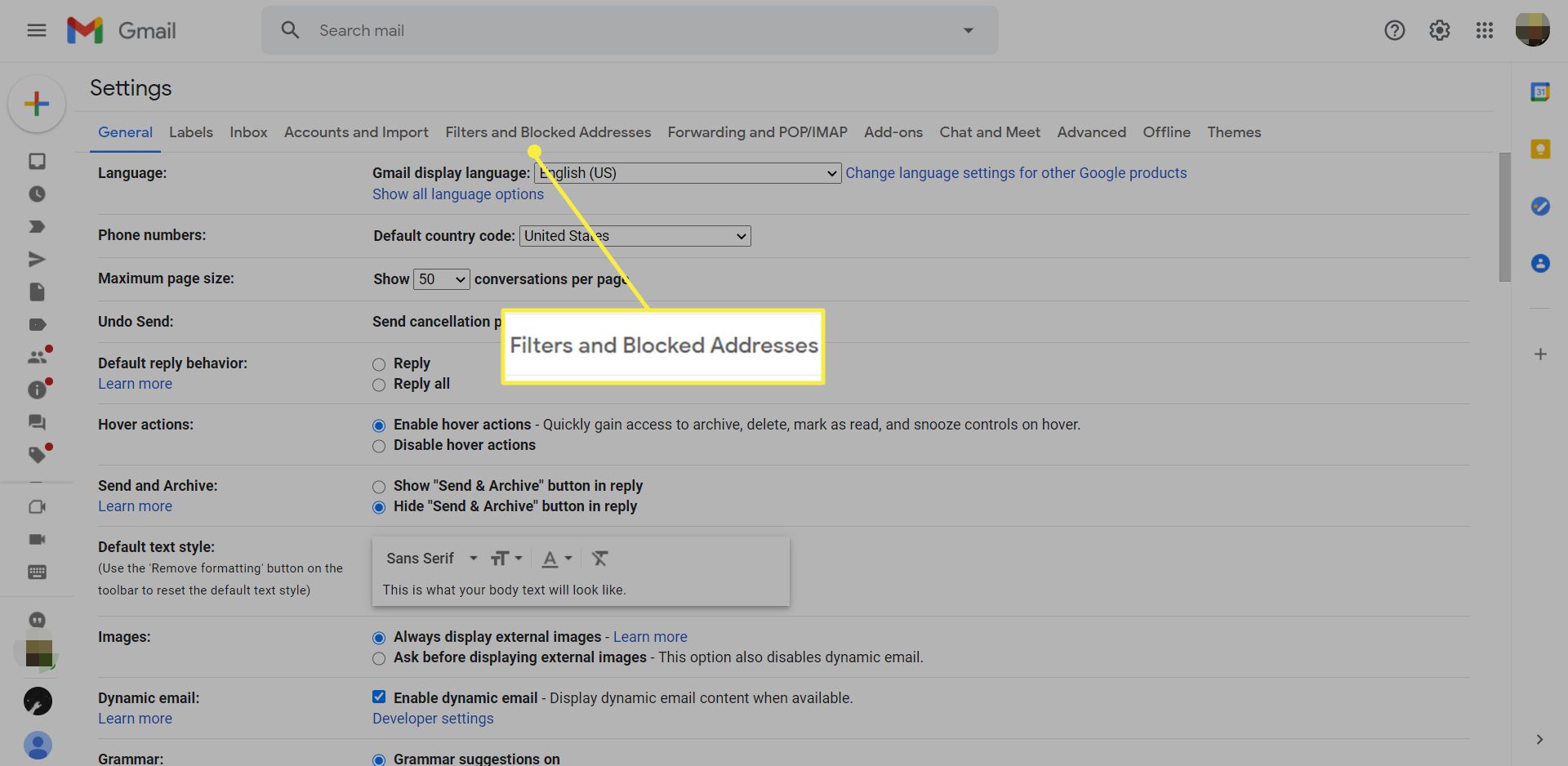 Gmail-instellingen met het tabblad Filters en geblokkeerde adressen gemarkeerd