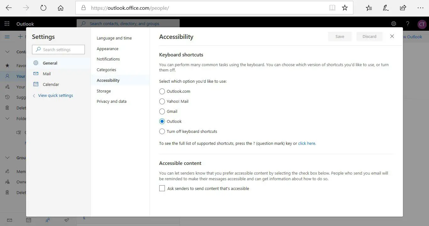 Het venster Outlook.com-instellingen met de algemene toegankelijkheidsinstellingen voor sneltoetsen