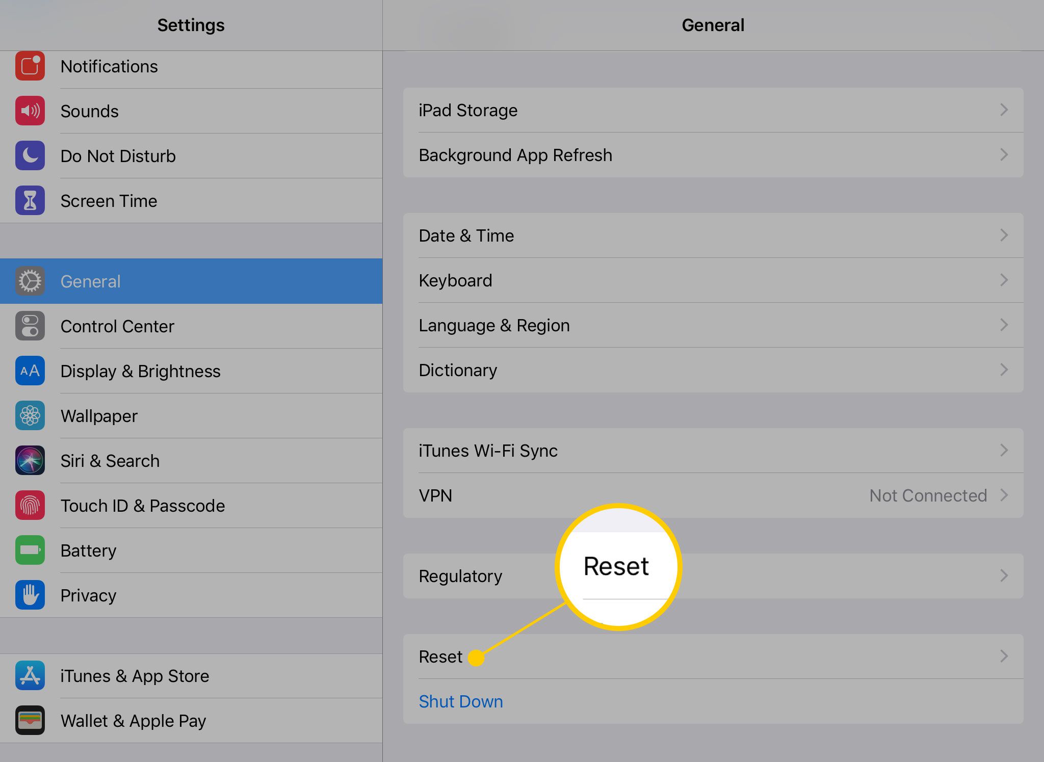 Reset-optie in iPad Algemene instellingen