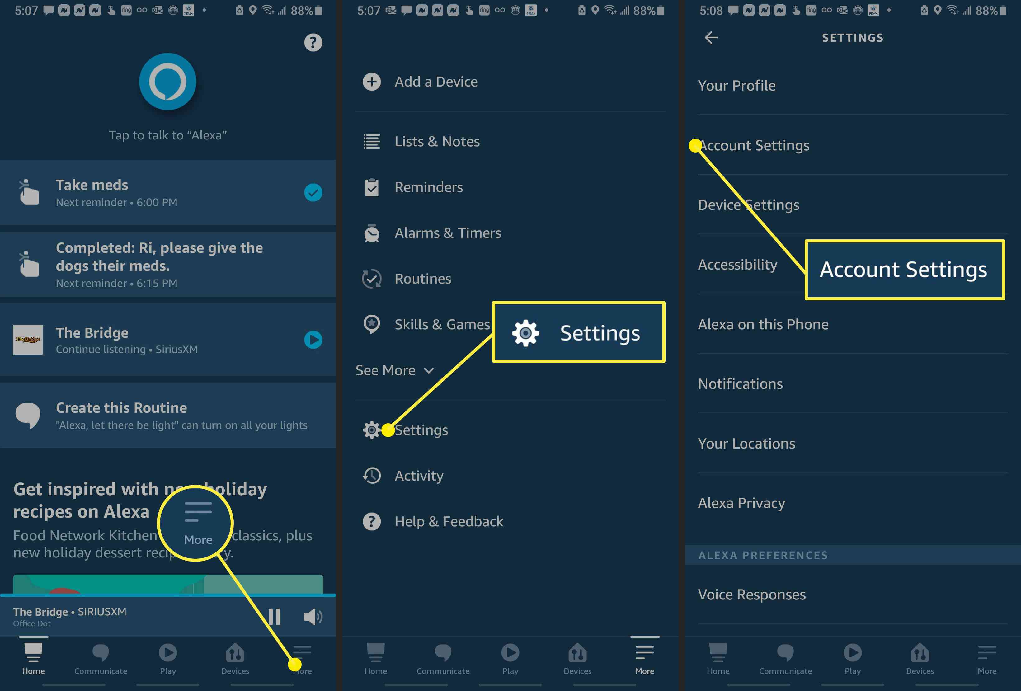 Schermafbeeldingen van de Alexa-app, die laten zien hoe u toegang krijgt tot Accountinstellingen.