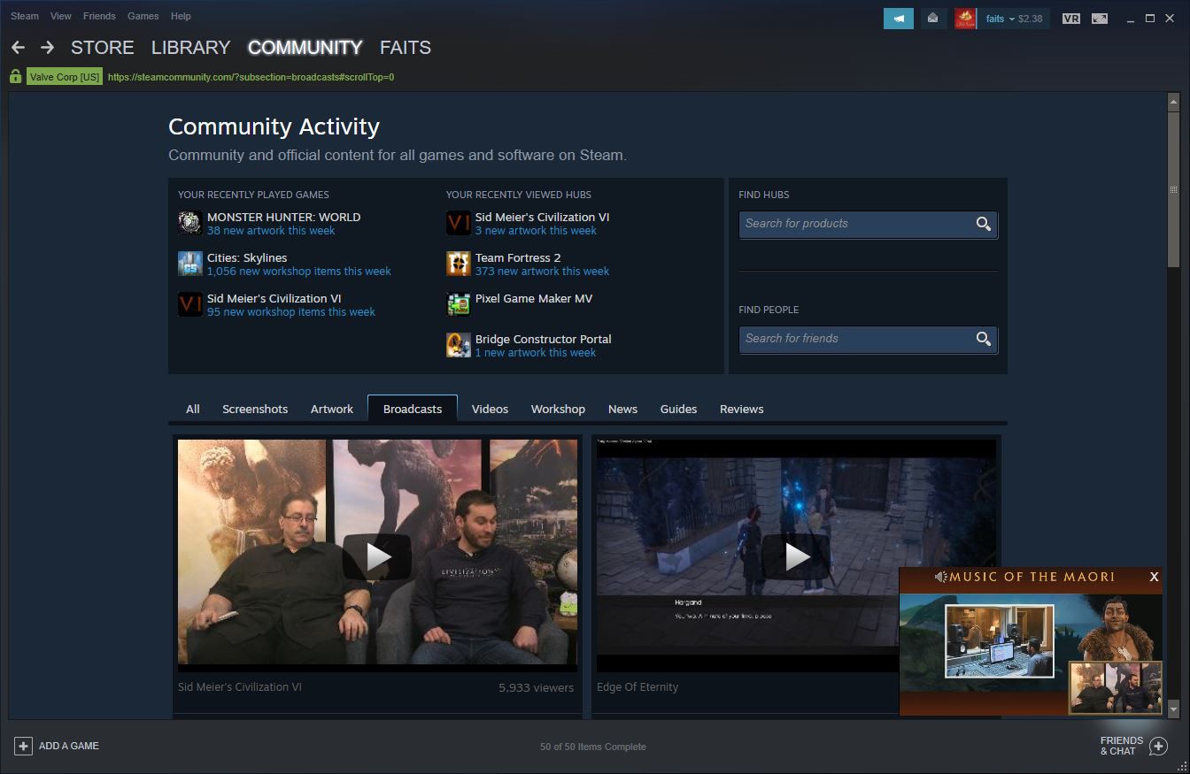 Een screenshot van de Steam Broadcast-pagina in de Steam-client.
