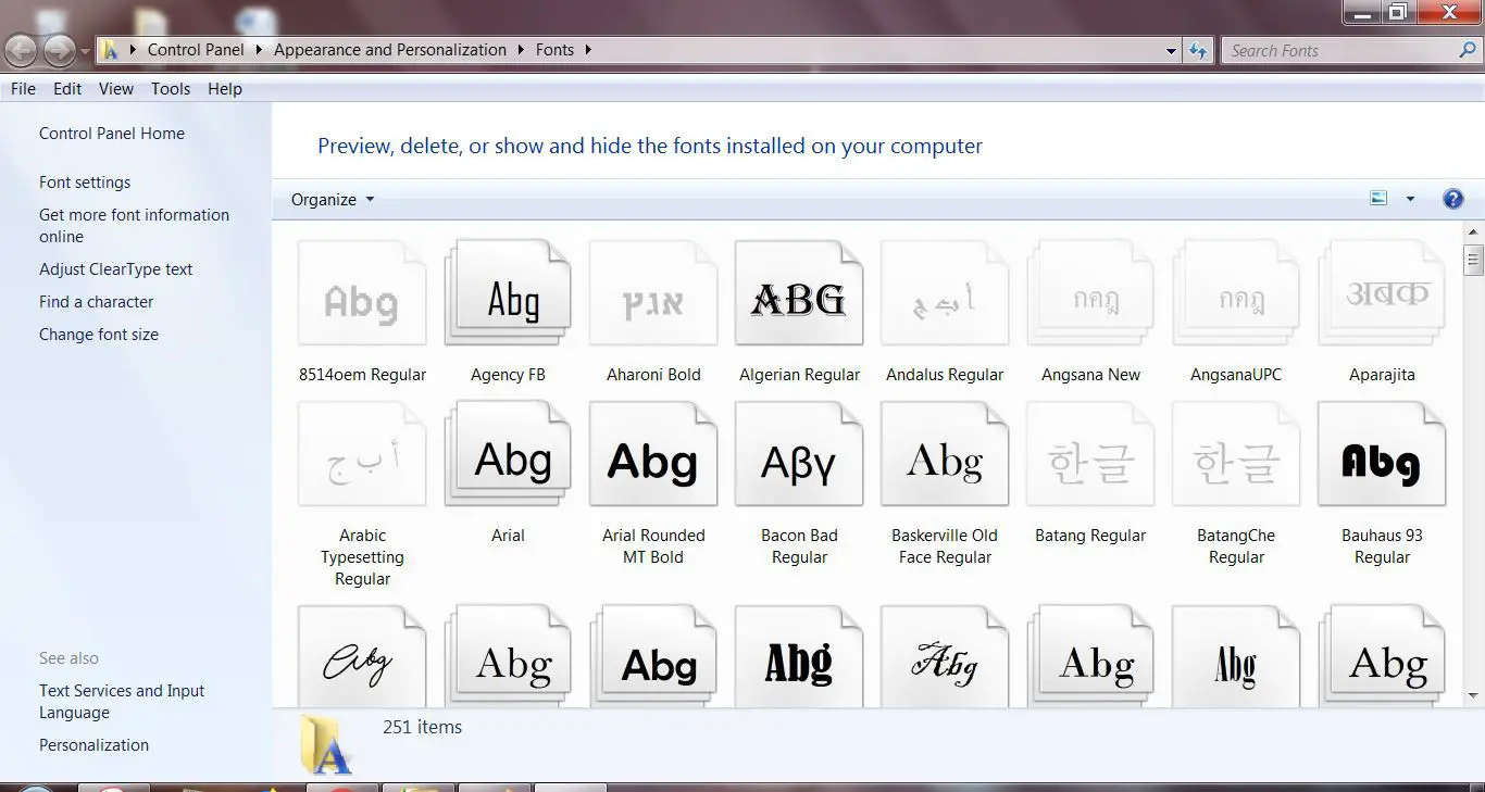 Screenshot van de Windows 7 Fonts-map