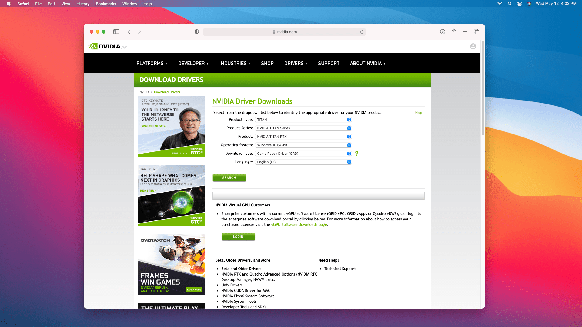 De downloadsite voor Nvidia-stuurprogramma's op een Mac.