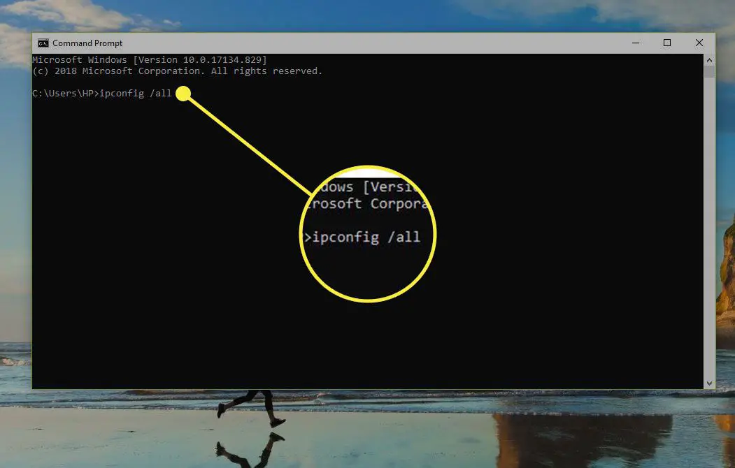 Een screenshot van de opdrachtprompt met de opdracht ipconfig /all gemarkeerd