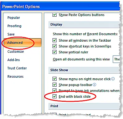 Dialoogvenster Opties voor PowerPoint 2007 - Eindigen met zwarte dia