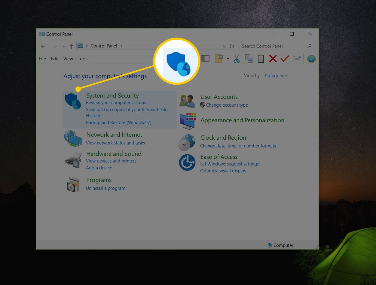 Systeem- en beveiligingsknop in Configuratiescherm in Windows 10