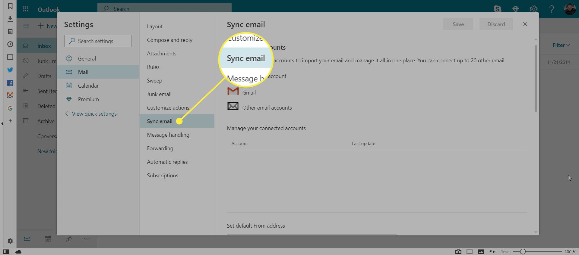 De opdracht "mail synchroniseren" in de instellingen van Outlook Mail