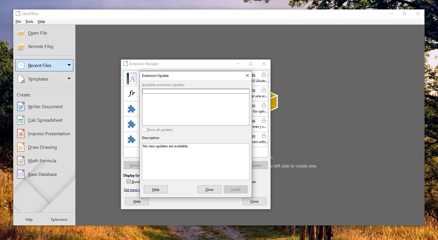Schermafbeelding van extensie-updates in LibreOffice