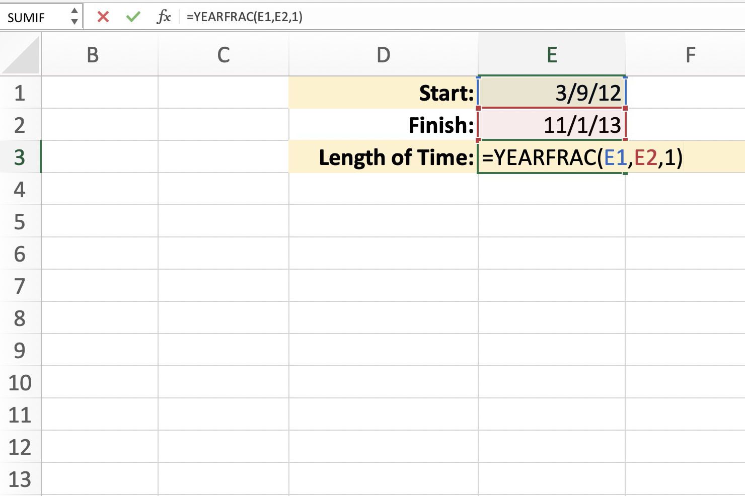 Excel toont de syntaxis van de YEARFRAC-functie