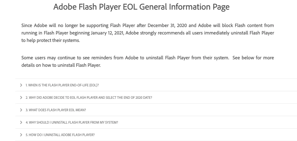 Screenshot van Adobe's Flash end-of-life-pagina en informatie