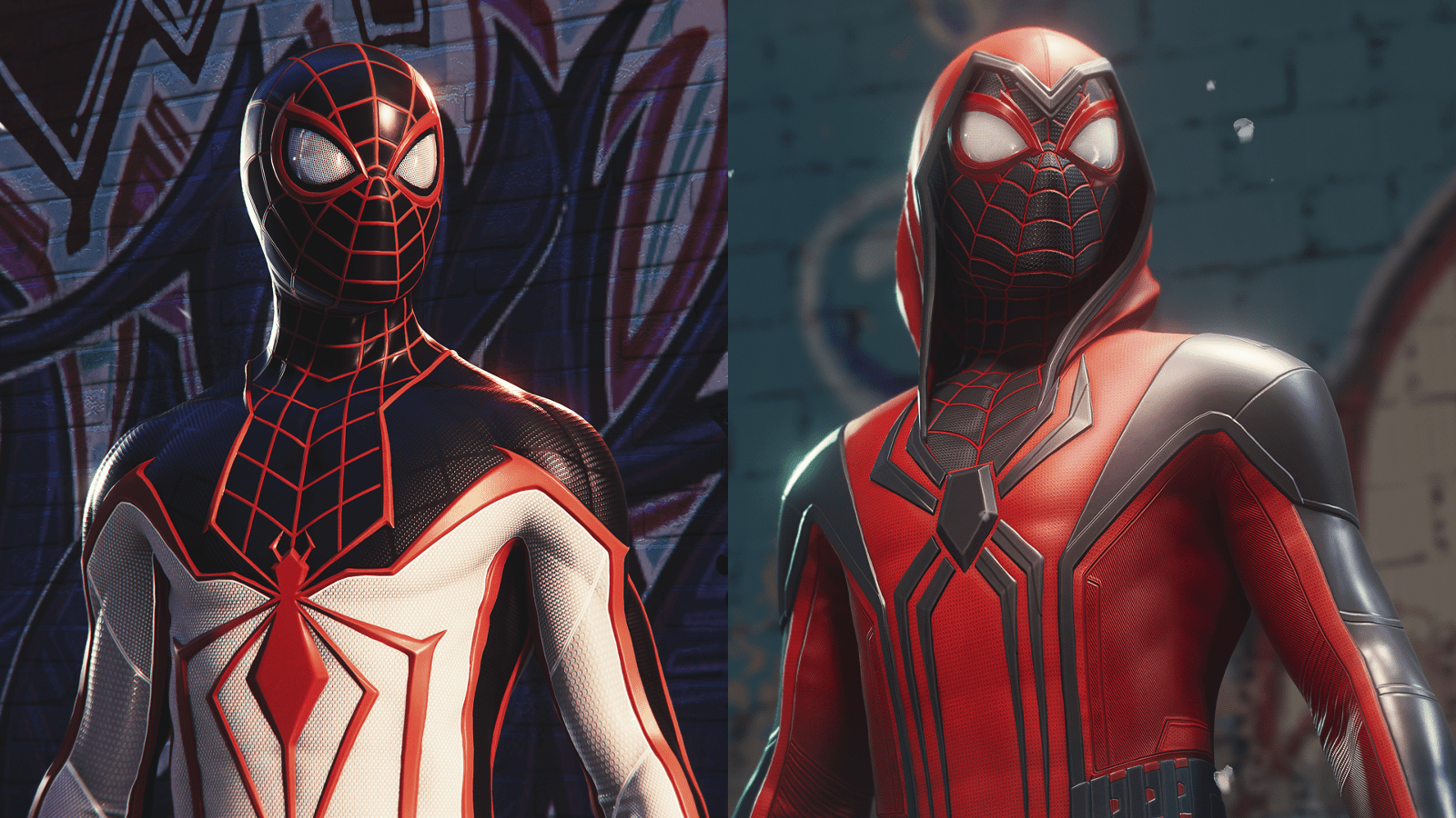 Twee weergaven van Miles Morales als Spiderman.