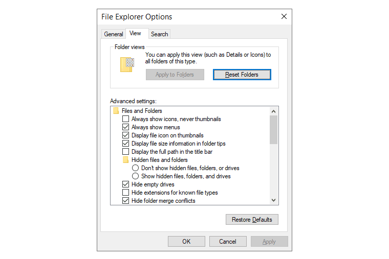 Screenshot van de Verkenner-opties in Windows 10