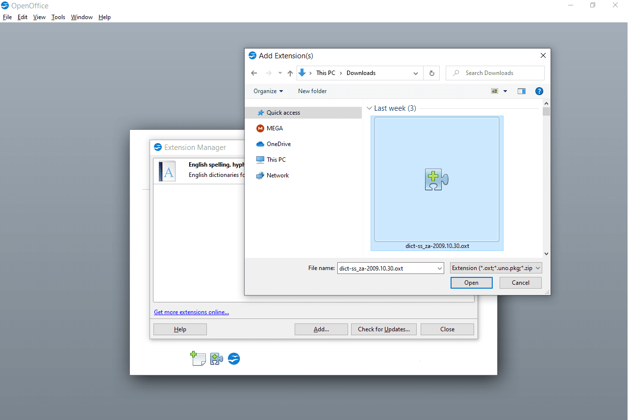 OpenOffice-scherm Extensie toevoegen met OXT-bestand gemarkeerd