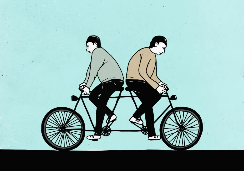 illustration of male friends riding tandem bicycle in opposite directions 723501363 5a381d4e5b6e24003719d8a9