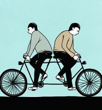 illustration of male friends riding tandem bicycle in opposite directions 723501363 5a381d4e5b6e24003719d8a9