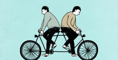 illustration of male friends riding tandem bicycle in opposite directions 723501363 5a381d4e5b6e24003719d8a9