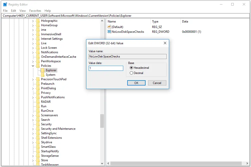 nolowdiskspacechecks regedit windows 10 5a7774b4fa6bcc00376108ca