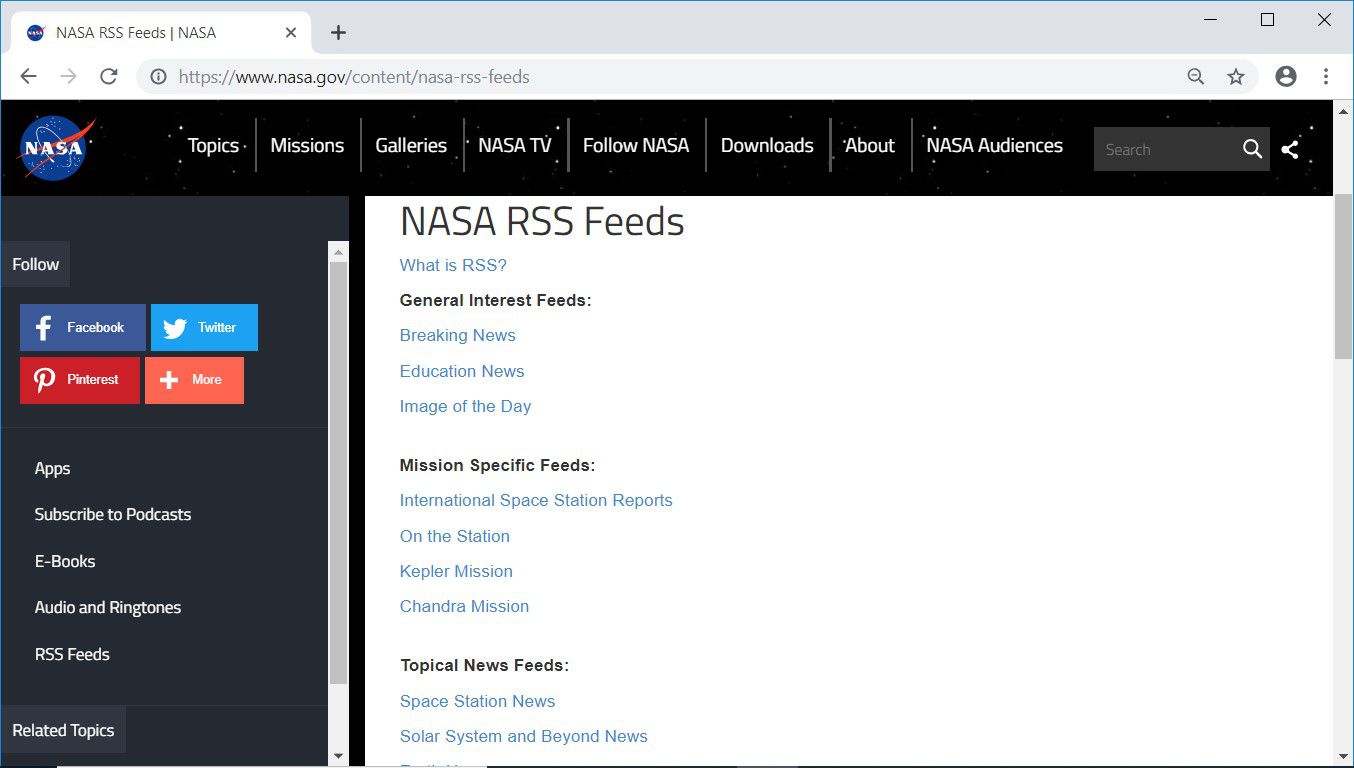 Nasa.gov RSS-feeds webpagina met een lijst van RSS-feeds op de site