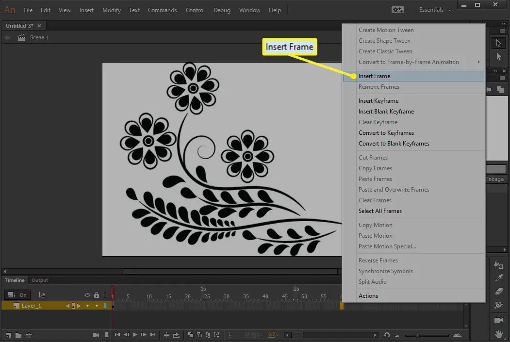 Adobe Animate CC met Frame invoegen gemarkeerd