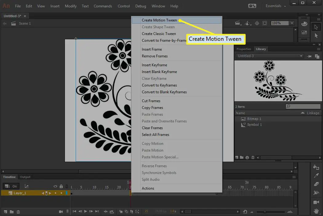 Motion Tween maken geselecteerd in Adobe Animate CC