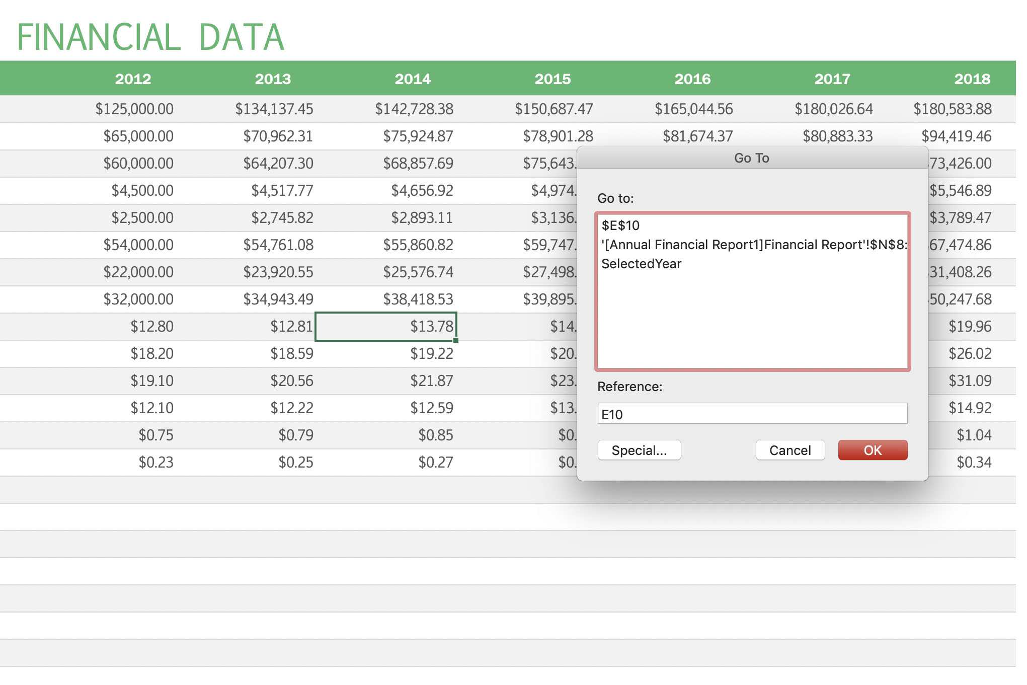 Excel toont Ga naar selectievenster