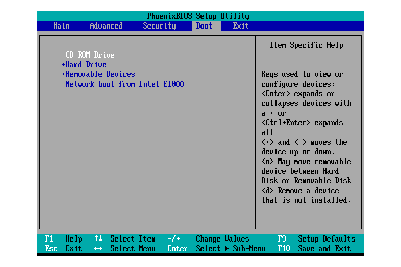 Screenshot van een BIOS Setup Utility opstartmenu