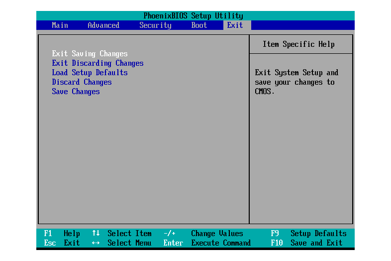 Screenshot van een BIOS Setup Utility Exit Menu