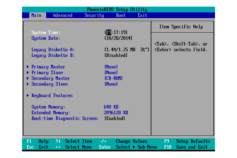 Screenshot van een BIOS Setup Utility Hoofdmenu