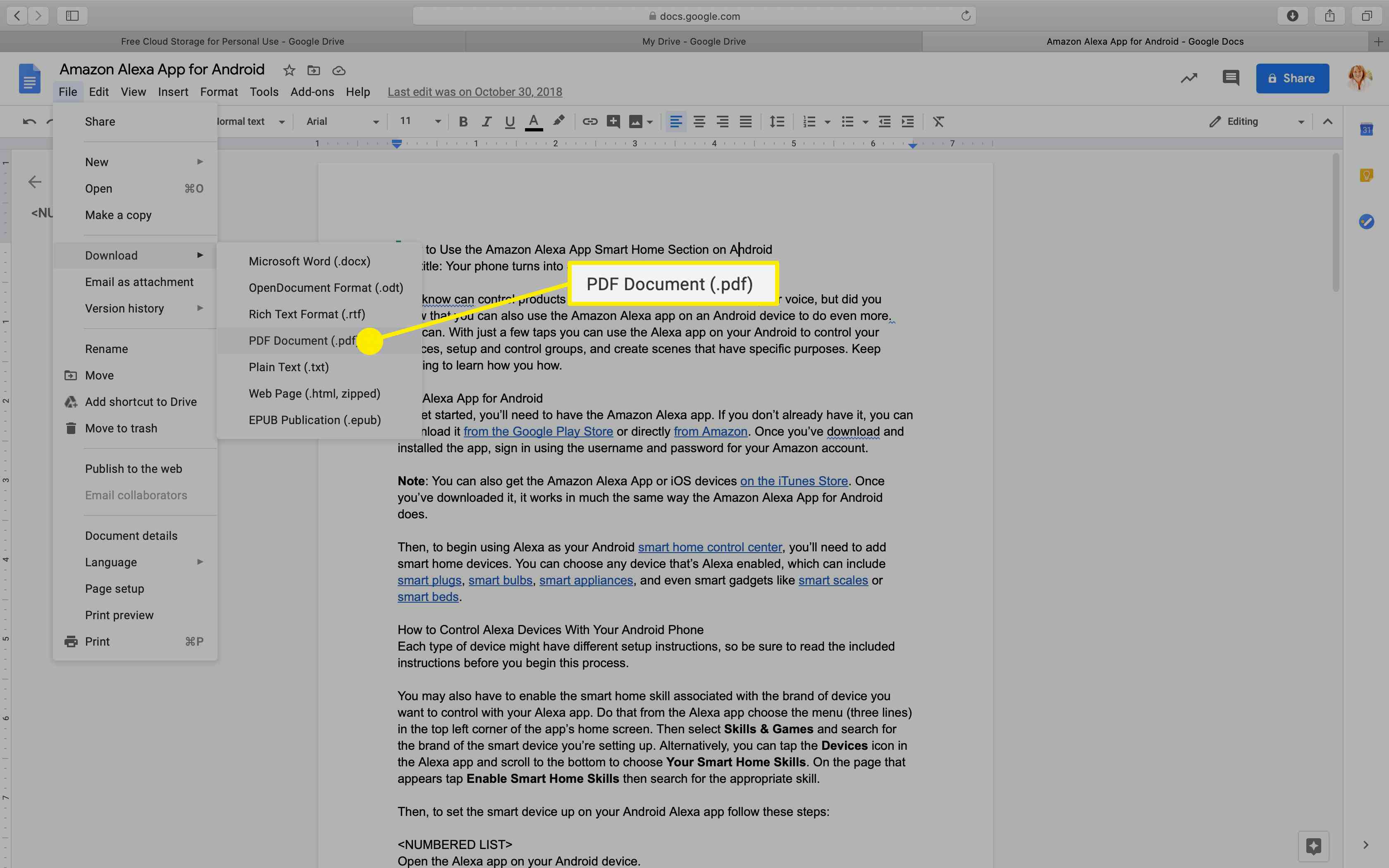 De PDF-optie in het Download-menu van Google Docs.