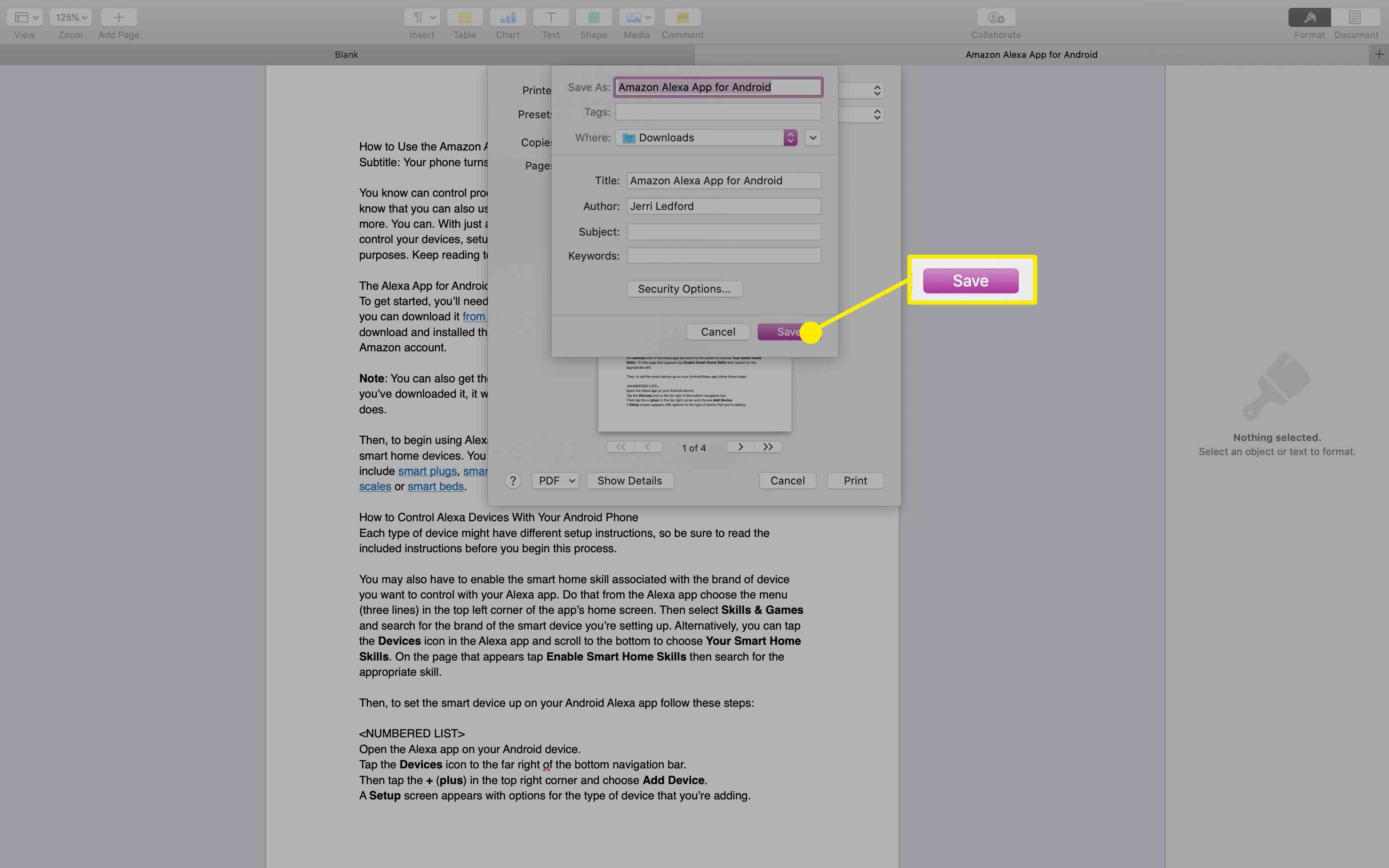 De optie Opslaan in Pages op de Mac.