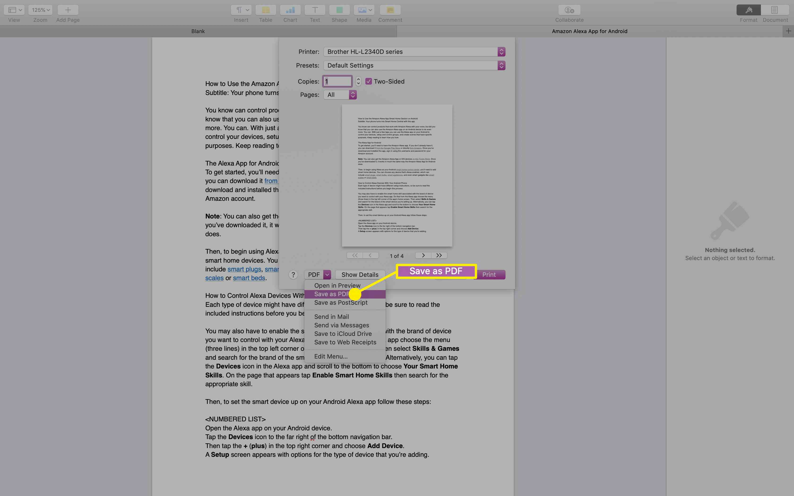 De optie Opslaan als PDF in Pages op de Mac.