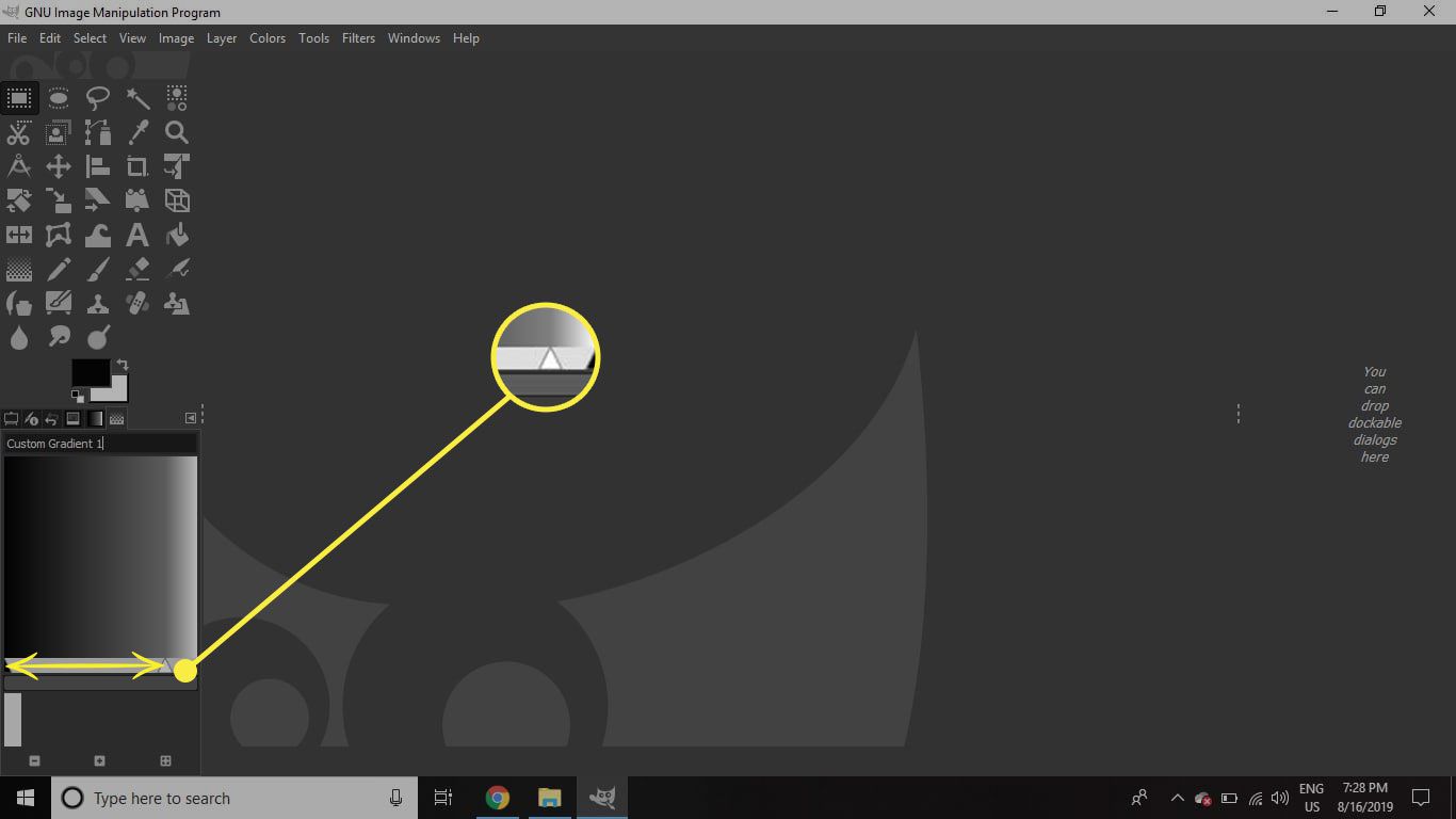 Een screenshot van GIMP met de schuifregelaar voor het verloop gemarkeerd