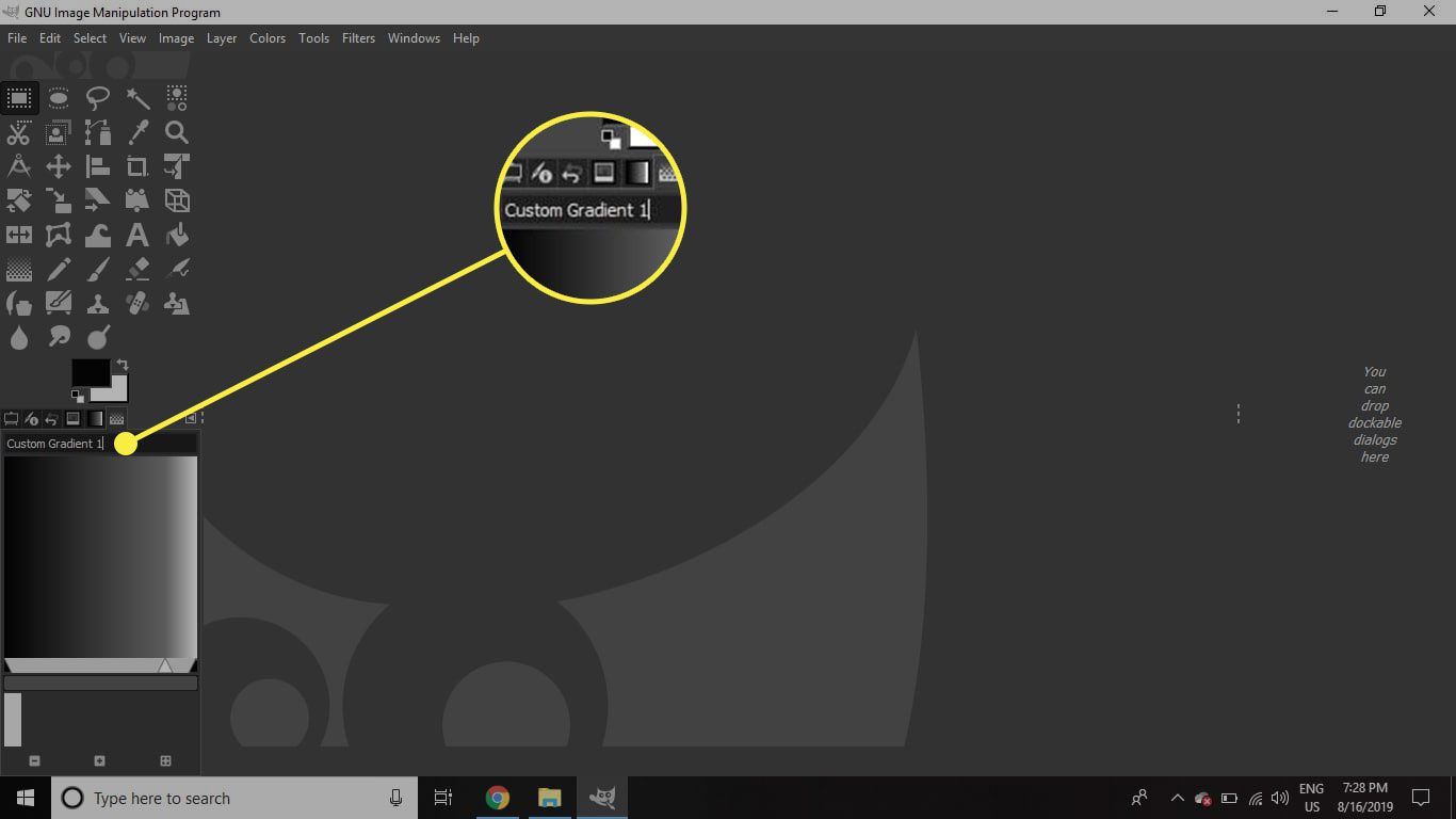 Een screenshot van GIMP met het titelveld van het verloop gemarkeerd