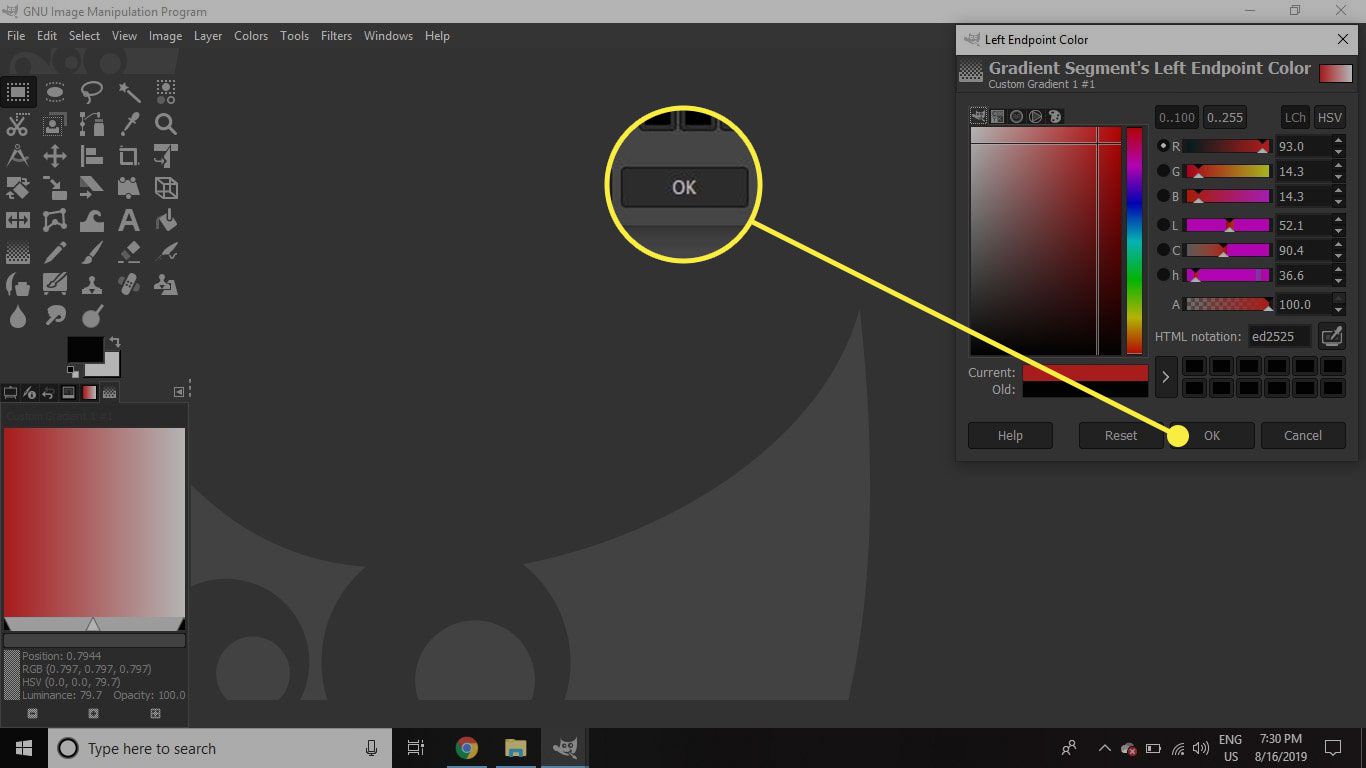 Een schermafbeelding van het venster Left Endpoint Color in GIMP met de OK-knop gemarkeerd
