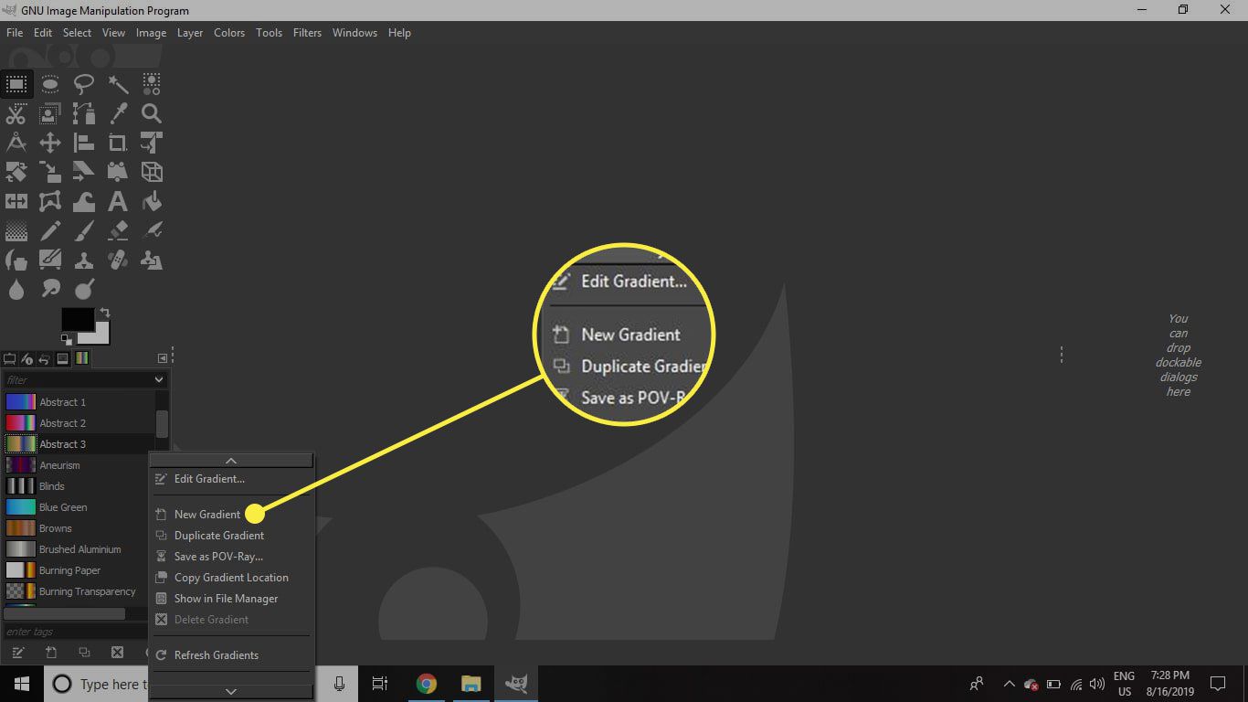 Een screenshot van GIMP met de opdracht Nieuw verloop gemarkeerd