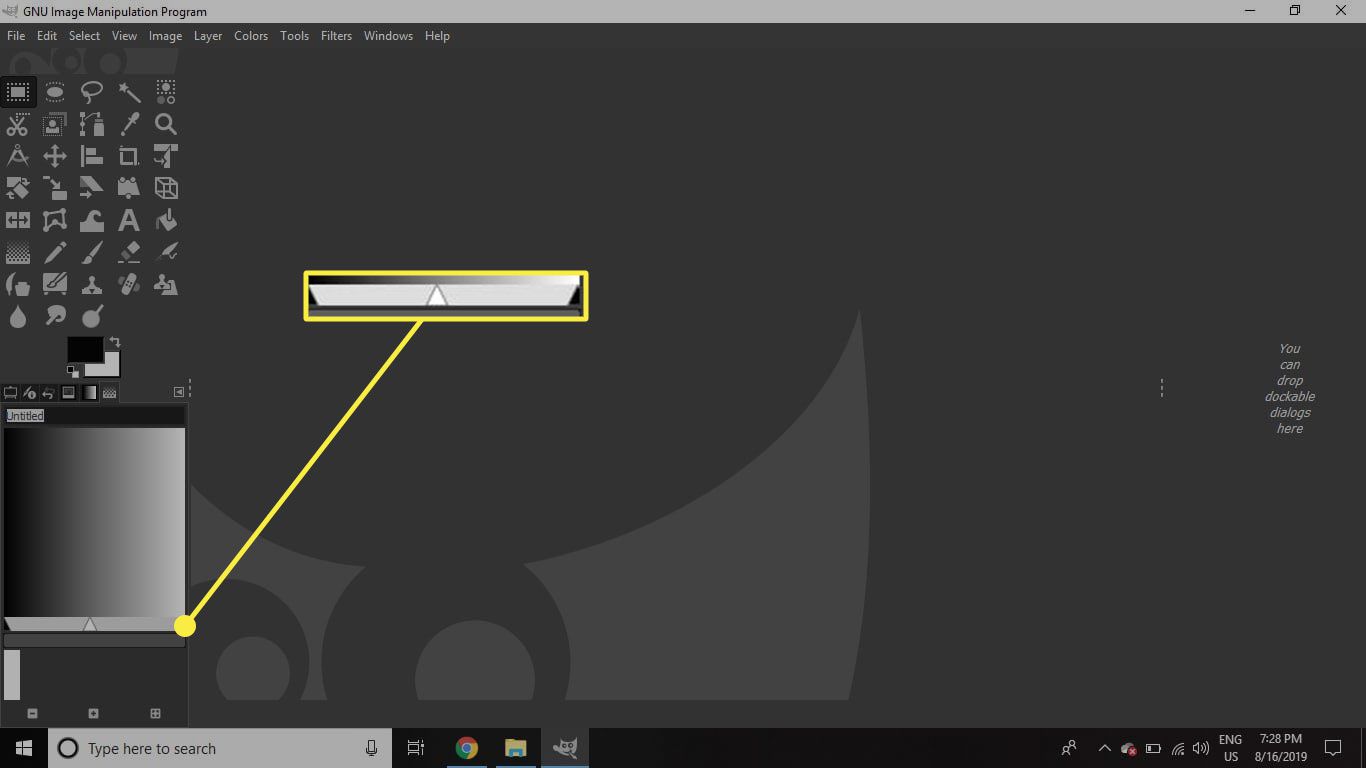 Een screenshot van GIMP met de pijlen voor de verlooppositie gemarkeerd