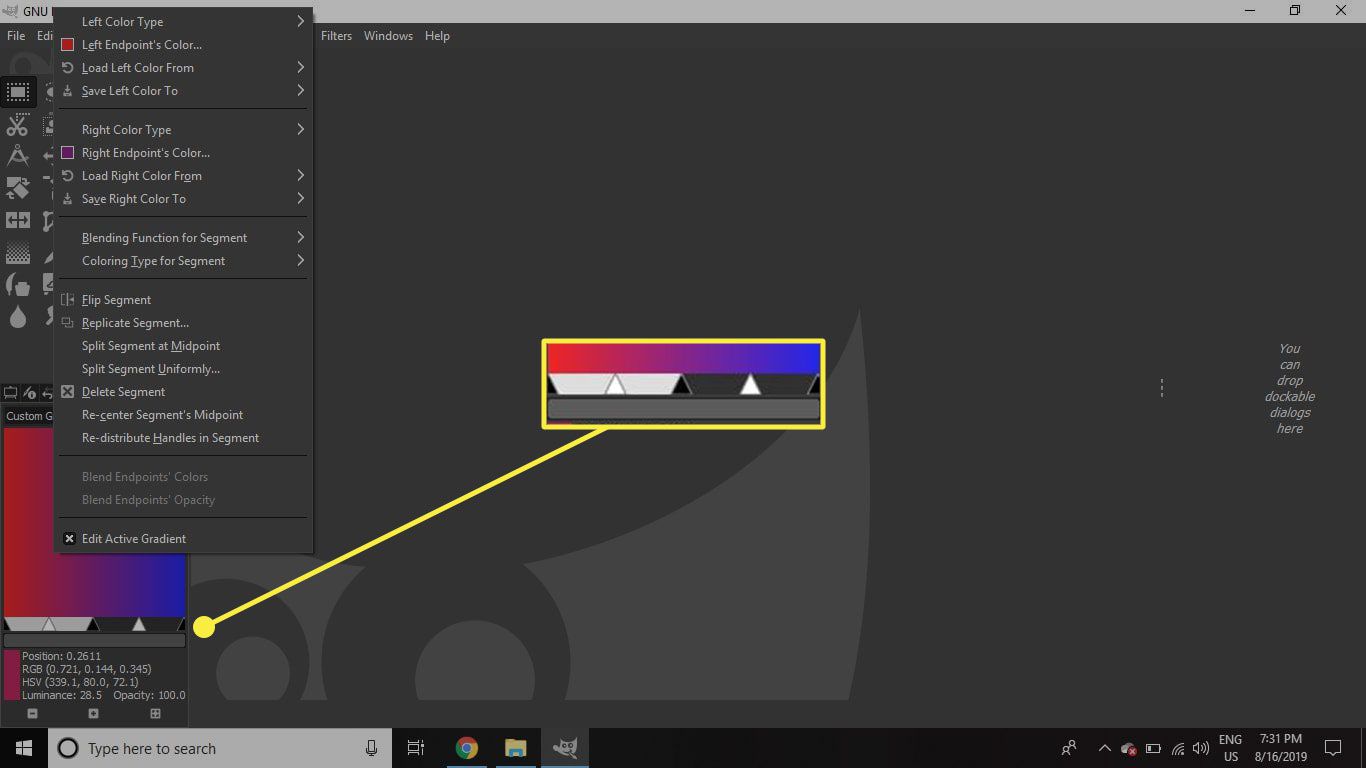 Een screenshot van GIMP met een gesplitst verloop gemarkeerd