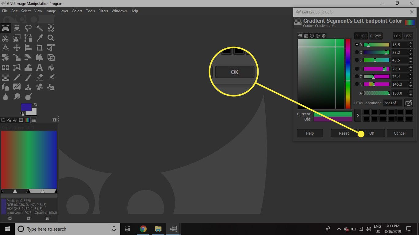 Een screenshot van GIMP's Left Endpoint Color-venster met de OK-knop gemarkeerd